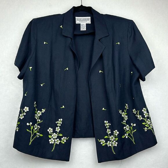 Jessica Howard Jackets & Blazers - Jessica Howard Embroidered Floral Dark Blue Linen Blend Jacket Petite Sz 18